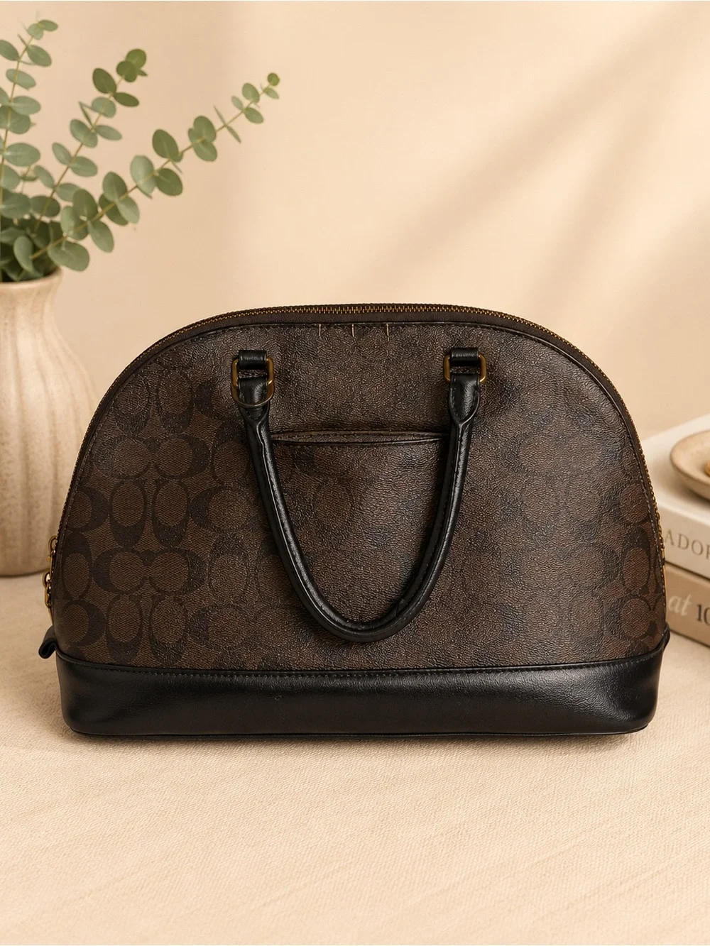 Coach Brown and Black Signature Dome Satchel with Gold Hardware